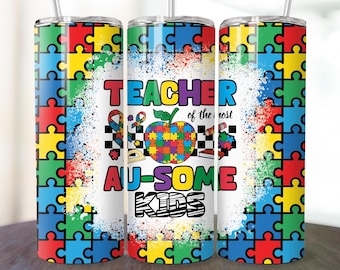 Autism Teacher 20 oz skinny tumbler png, Autism life png, tumbler wrap png, Autism Awareness png, 20 oz tumbler design tumbler png download