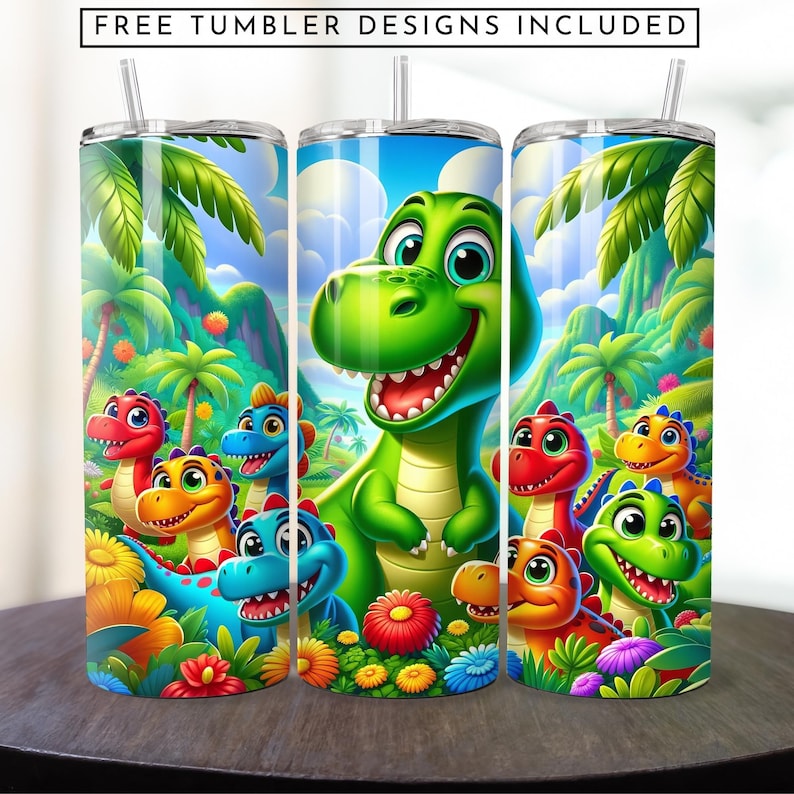 K&ouml;nnte beinhalten: Ein Set aus drei Edelstahl-Bechern mit einem farbenfrohen Cartoon-Design, das einen gr&uuml;nen Dinosaurier und andere Dinosaurier in einer Dschungelkulisse zeigt. Die Becher sind perfekt f&uuml;r hei&szlig;e oder kalte Getr&auml;nke.