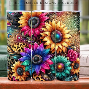Puede incluir: Un dise&ntilde;o floral colorido con girasoles, rosas y otras flores sobre un fondo de purpurina. El dise&ntilde;o es perfecto para un vaso o cualquier otro tipo de vajilla.