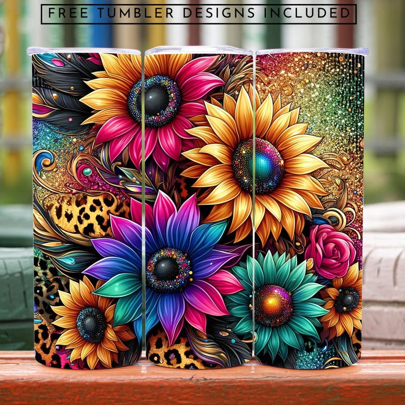 Puede incluir: Un dise&ntilde;o floral colorido con girasoles, rosas y otras flores sobre un fondo de purpurina. El dise&ntilde;o es perfecto para un vaso o cualquier otro tipo de vajilla.