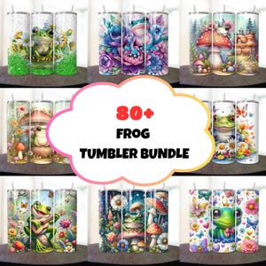 May include: A collage of 80+ different designs for personalized tumblers featuring frogs, mushrooms, flowers, and butterflies. The tumblers are perfect for adding a whimsical touch to your everyday routine.