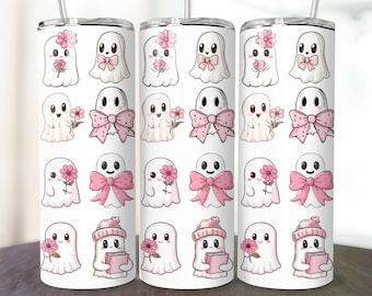 Pink Halloween Tumbler Wrap PNG, 20oz Skinny Tumbler Sublimation,Spooky Season Tumbler, Pastel Halloween,Checkered Ghost Tumbler PNG
