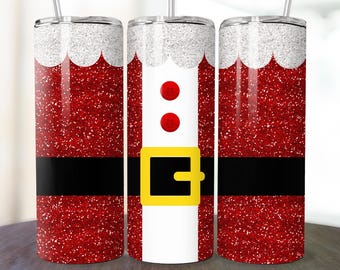 Cute Santa Claus Glitter Tumbler Wrap, Christmas Tumbler Wrap, Red Glitter 20 oz Skinny Sublimation Design Png, Straight and Tapered Tumbler