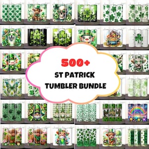 May include: A collage of 20 different designs for sublimation tumblers featuring St. Patrick's Day themes. The designs include shamrocks, leprechauns, gnomes, cows, butterflies, and rainbows. The text "500+ ST PATRICK TUMBLER BUNDLE" is displayed in the center of the image.