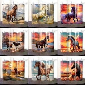 May include: Set of nine stainless steel tumblers with various images of horses in different settings. The tumblers feature a sunset, a beach, and a field. The horses are brown, white, and black.
