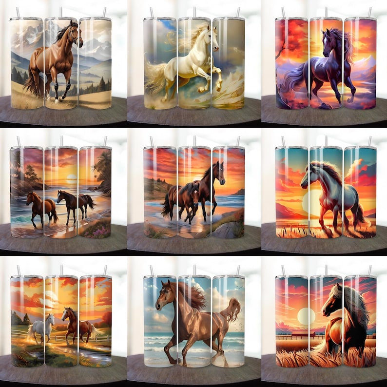 May include: Set of nine stainless steel tumblers with various images of horses in different settings. The tumblers feature a sunset, a beach, and a field. The horses are brown, white, and black.