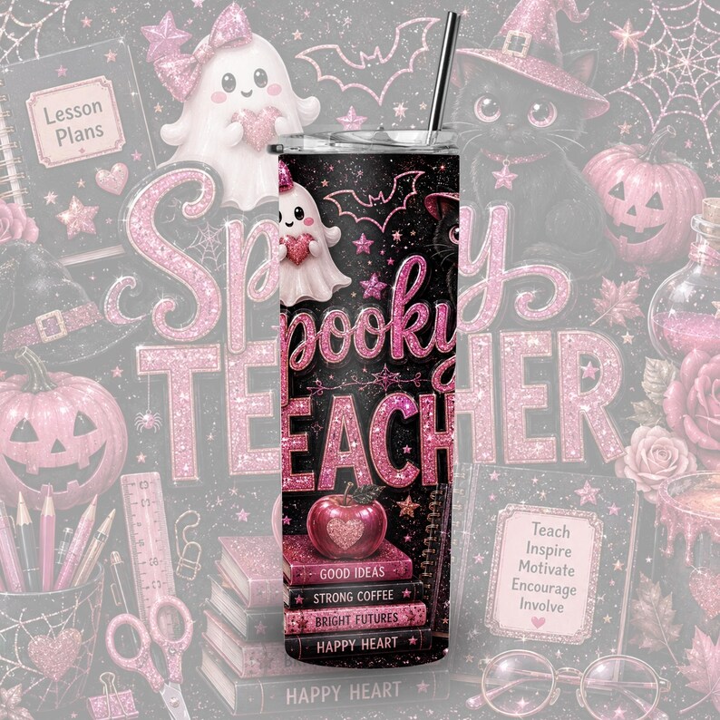 May include: A black cylindrical tumbler featuring a glittery pink design with the text Spooky Teacher. The graphic includes a ghost holding a heart, a stack of books labeled Good Ideas, Strong Coffee, Bright Futures, and Happy Heart, and a shiny apple.