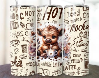 Highland Cow Coffee Tumbler Wrap PNG, 20 oz Skinny Sublimacja png, Zabawny, Miłośnik kawy Projekt Cyfrowy Pobierz Prezent dla Mam