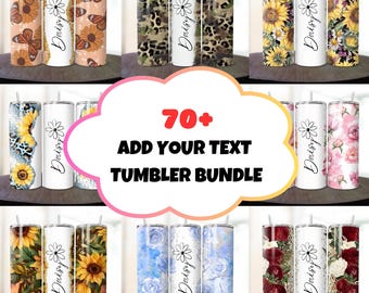 Puede incluir: Una colección de vasos aislados con varios diseños, incluyendo mariposas, camuflaje, girasoles y estampados florales. Cada vaso tiene un fondo blanco con el nombre "Daisy" y un gráfico de margarita. La imagen también incluye el texto "70+ ADD YOUR TEXT TUMBLER BUNDLE."