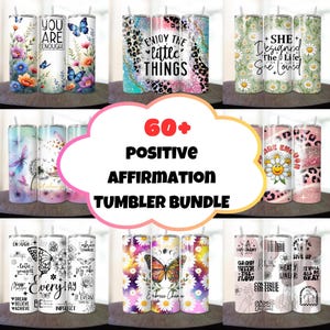 Mais de 60 embalagens para copos com afirmações positivas, Ame-se, Copos PNG de 20 onças, Designs de sublimação com citações positivas, Borboleta inspiradora