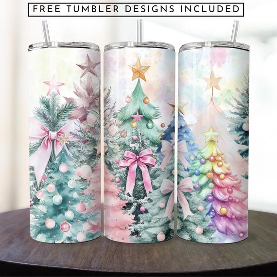 Pastel Christmas Tree Tumbler Wrap, Holiday Tumbler Png Snowflake Tumbler Design, 20 oz Skinny Tumbler Sublimation Design, Seamless Download