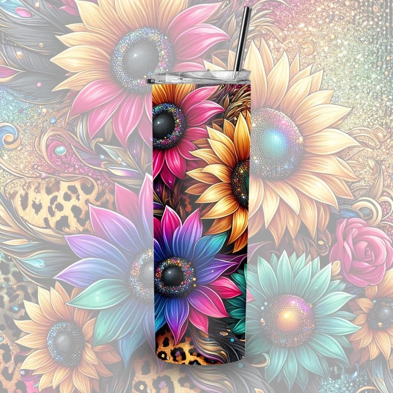 Puede incluir: Un vaso de acero inoxidable con un dise&ntilde;o floral colorido que presenta girasoles, flores rosas, azules y moradas. El dise&ntilde;o incluye un estampado de leopardo y detalles de purpurina.