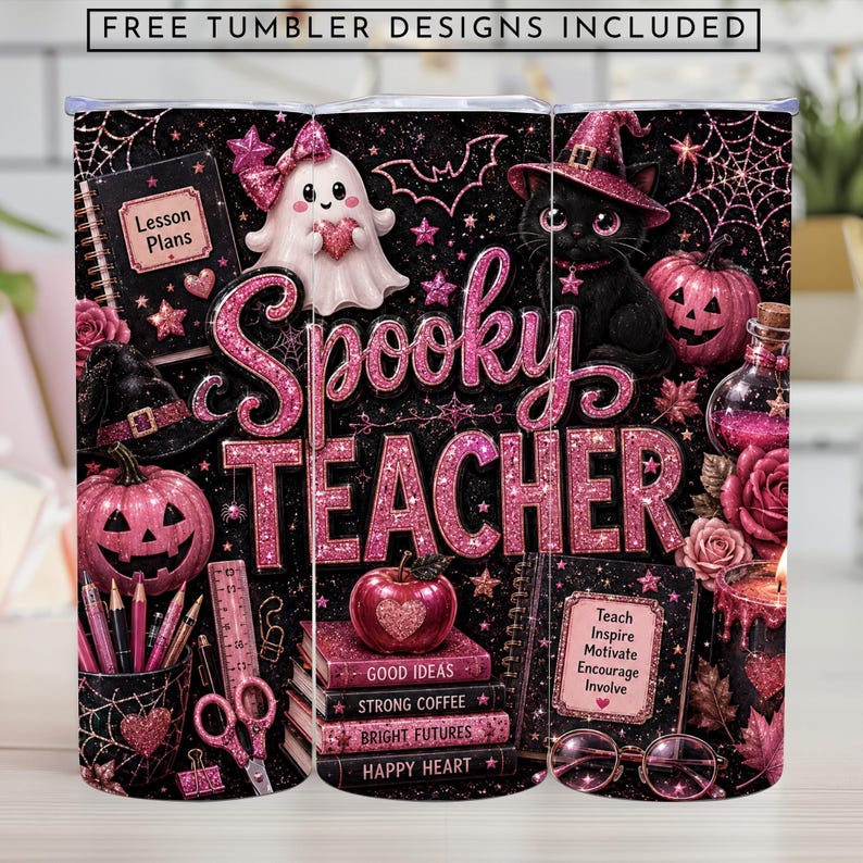May include: A black tumbler featuring pink glitter text that reads Spooky Teacher. The design includes a white ghost, a black cat in a witch hat, pink pumpkins, a stack of books labeled Good Ideas, Strong Coffee, Bright Futures, Happy Heart, and school supplies.