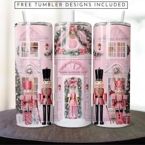 Emballage de gobelet casse-noisette de Noël, sublimation de Noël rose, 20 oz gobelet à sublimation skinny png, design de sublimation de gobelet de Noël