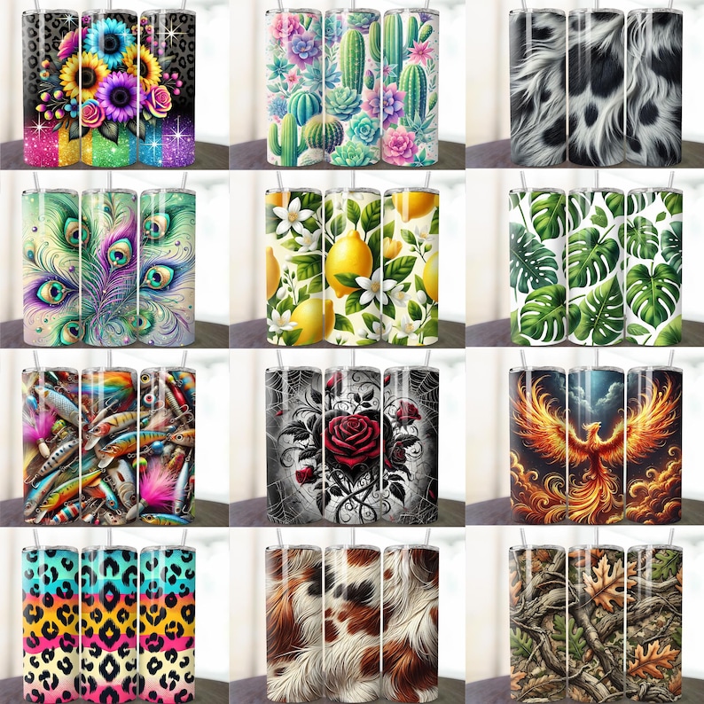 Puede incluir: Conjunto de 12 dise&ntilde;os de sublimaci&oacute;n diferentes para vasos delgados de 20 oz. Los dise&ntilde;os incluyen un pavo real, limones, una rosa, un f&eacute;nix, un patr&oacute;n de camuflaje y m&aacute;s.