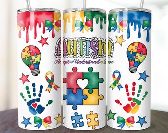 Autism Awareness Tumbler Wrap, Autism Sublimation Design, 20 oz Skinny Sublimation Tumbler Design, Affirmation Tumbler Png Wrap Download