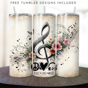 Music Tumbler Wrap, Music Notes Flowers 20oz Skinny Tumbler Sublimation Design Straight Wrap Tumbler PNG Instant Download