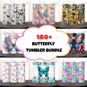 May include: A set of 180+ colorful butterfly tumbler designs. The tumblers feature a variety of butterfly patterns, including black and white, rainbow, and floral designs.  180+ Butterfly Tumbler Bundle.