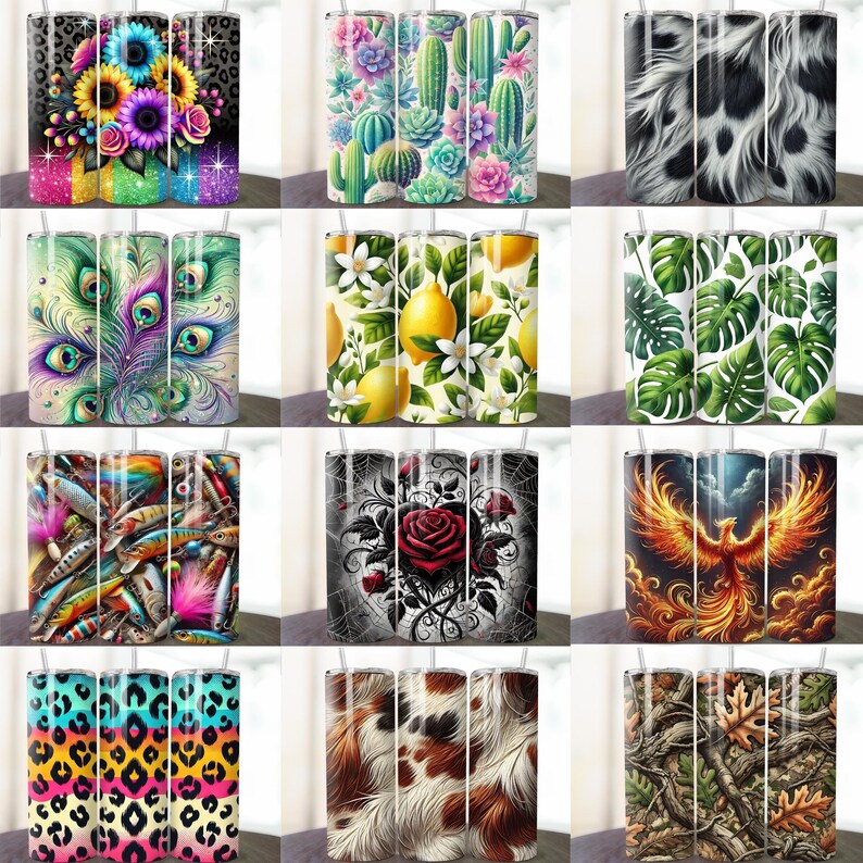 May include: A collection of twelve cylindrical tumblers featuring various graphic prints including sunflowers, cacti, animal fur patterns, peacock feathers, lemons, monstera leaves, fishing lures, a red rose, a phoenix, leopard spots, and forest camouflage.