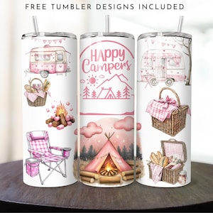 Happy Camper Tumbler Wrap, 20oz Skinny Sublimation Tumbler Design, Add your Text Camping Sublimation Design, Pink Camper Png Downloads