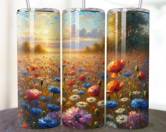 Envoltura para vaso con flores de campo, diseño de sublimación para vaso delgado de 20 oz con flores, envoltura PNG floral sin costuras, recta y cónica, descarga digital