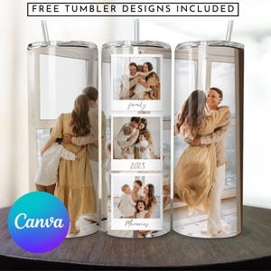 May include: Three stainless steel tumblers with a white background and images of a family. The top image says "family", the middle image says "2023", and the bottom image says "memories".