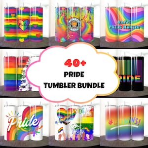 May include: A set of 40+ colorful tumblers with various pride-themed designs, including rainbows, hearts, and slogans like "Pride" and "Happy Pride Month!"