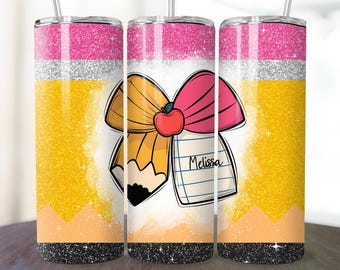 Teacher Tumbler Wrap 20 oz Skinny Tumbler PNG Design Coquette School Add Your Own Name/Text Seamless Sublimation Digital Download