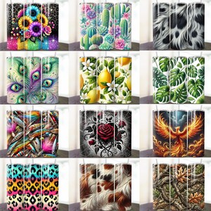 May include: Set of 12 different sublimation designs for 20 oz skinny tumblers. Designs include a peacock, lemons, a rose, a phoenix, a camo pattern, and more.