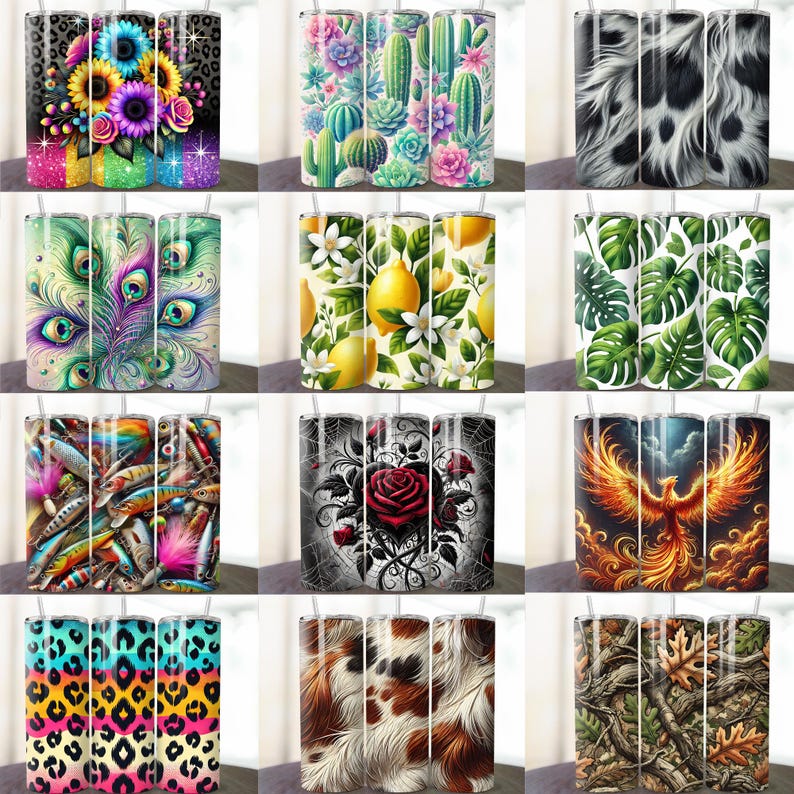 May include: Set of 12 different sublimation designs for 20 oz skinny tumblers. Designs include a peacock, lemons, a rose, a phoenix, a camo pattern, and more.