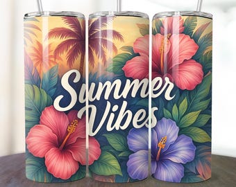 Summer Vibes Tumbler Wrap, 20oz Skinny Sublimation Tumbler Design, Sunset Flip Flops Sunglasses Beach Ocean PNG Design, Digital Download