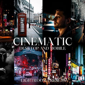 May include: A collection of Lightroom presets called "Cinematic" for desktop and mobile devices. The presets are designed to give photos a cinematic look and feel. The image shows a variety of scenes, including a city street at night, a person in a car, and a person walking down a street.
