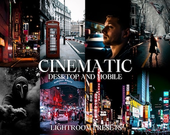 May include: A collection of Lightroom presets called "Cinematic" for desktop and mobile devices. The presets are designed to give photos a cinematic look and feel. The image shows a variety of scenes, including a city street at night, a person in a car, and a person walking down a street.