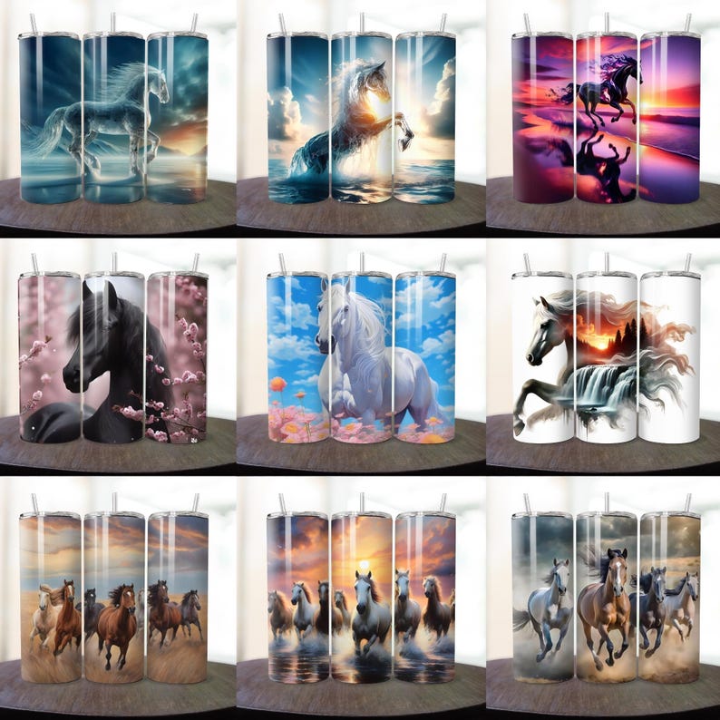 May include: Set of nine sublimation tumblers featuring various horse designs. The designs include a white horse with a waterfall, a black horse with pink flowers, a white horse with blue sky, a black horse with a sunset, a group of horses running in a field, and a group of horses running in water.