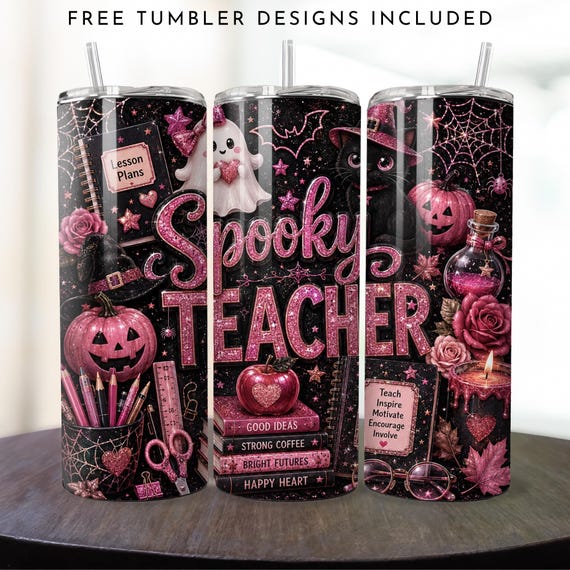 Halloween Teacher Tumbler Wrap, Spooky Teacher 20oz Skinny Sublimation Design, Pink Halloween Tumbler PNG, Digital Download
