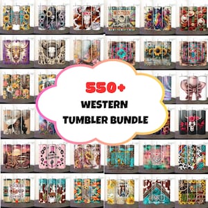 May include: A collage of 550+ Western-themed tumbler designs. The designs feature various patterns, colors, and images, including skulls, flowers, and cowboy hats. The text "550+ Western Tumbler Bundle" is displayed in the center of the image.