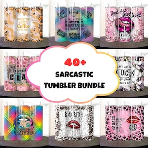 May include: A set of 40+ colourful tumblers with sarcastic sayings. The tumblers feature various designs, including floral, leopard print, and rainbow patterns. The sayings include "I won't die without coffee", "Beauty is a curse", "Badass bitch energy", and "My last f*** you look, here it goes!"