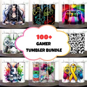 May include: A set of 100+ gamer themed tumbler designs. The designs feature various gamer-related imagery, including controllers, characters, and abstract patterns. The tumblers are perfect for gamers of all ages.