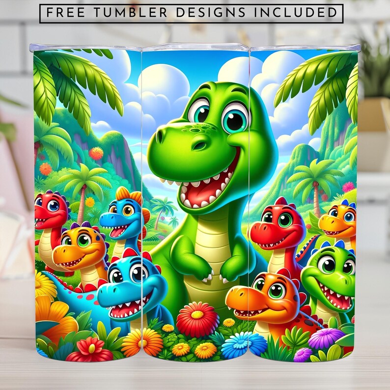 K&ouml;nnte beinhalten: Eine farbenfrohe Illustration eines gr&uuml;nen Dinosauriers mit einem breiten L&auml;cheln, umgeben von kleineren Dinosauriern in einer Dschungelkulisse. Die Dinosaurier sind alle in verschiedenen Farben gehalten und haben freundliche Gesichtsausdr&uuml;cke. Der Hintergrund zeigt &uuml;ppiges gr&uuml;nes Laub, Palmen und bunte Blumen.