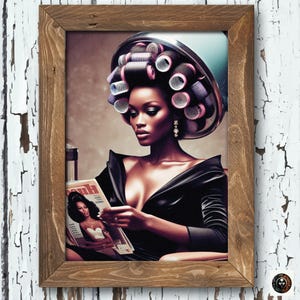May include: A woman with dark skin is sitting in a chair with a magazine in her lap. She has a large blue and white hair dryer on her head with pink and purple rollers in her hair. She is wearing a black dress.