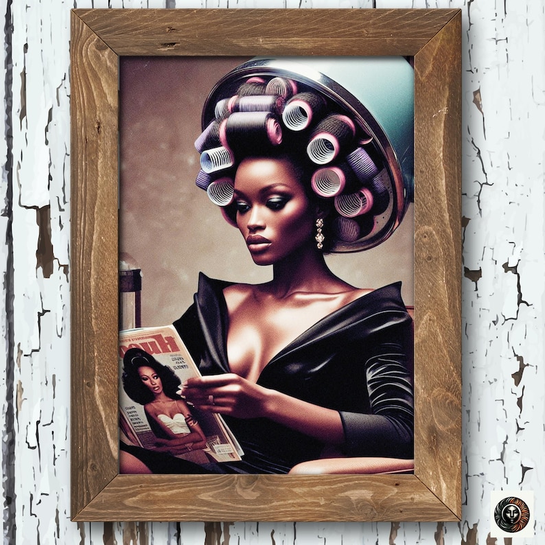 May include: A woman with dark skin is sitting in a chair with a magazine in her lap. She has a large blue and white hair dryer on her head with pink and purple rollers in her hair. She is wearing a black dress.