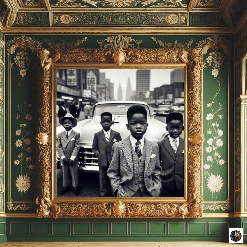 Lámina de niños afroamericanos de los años 50 Arte de Cadillac Arte de niños negros Arte mural de niños negros Foto negra retro Arte monocromático de la cultura negra imagen 2