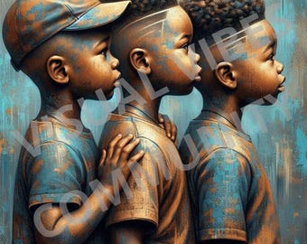 Trzej Czarni Bracia Sztuka Czarnego Chłopięctwa Wydruk Sztuki Czarnego Dzieciństwa Sztuka Afro-Futurystyczna Sztuka Czarnego Dziecka Ilustracja Dziecięca Sztuka Przyjaźni Dzieciństwa