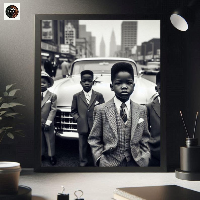 Puede incluir: Fotograf&iacute;a en blanco y negro de cuatro ni&ntilde;os peque&ntilde;os con traje de pie frente a un coche antiguo. Los ni&ntilde;os miran todos a la c&aacute;mara. El coche est&aacute; aparcado en una calle de la ciudad.