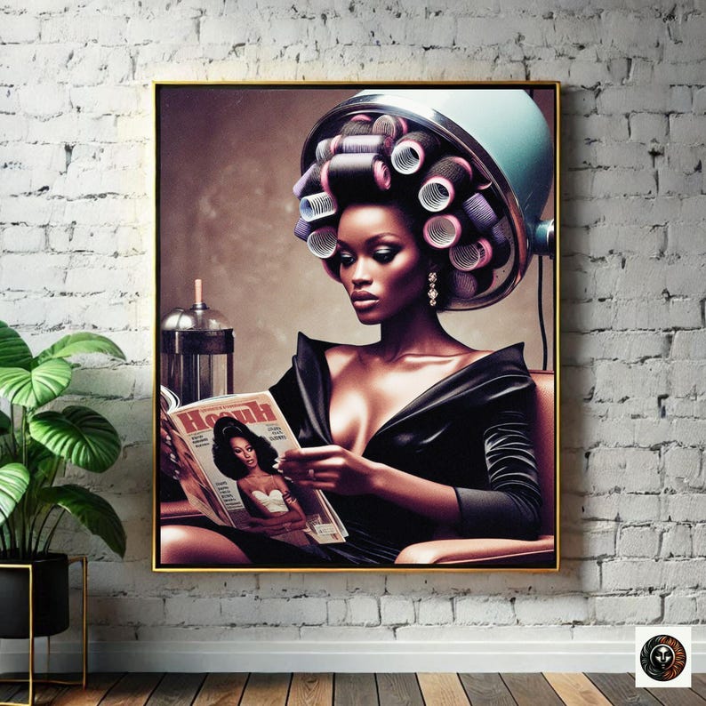 May include: A woman with a black dress and a blue and white hair roller set is reading a magazine. The magazine cover features a woman with a similar hairstyle and the word "Health" on the cover.