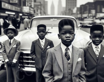 Sztuka dziecięca Afroamerykanów z lat 50. XX wieku, wydruk Cadillac Art, sztuka dla czarnych dzieci, sztuka ścienna dla czarnych dzieci, retro, czarne zdjęcie, kultura czarnoskórych, sztuka monochromatyczna