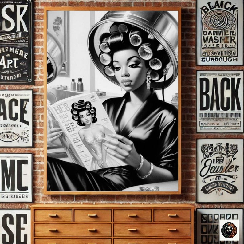May include: Black and white illustration of a woman sitting in a salon chair with rollers in her hair, reading a magazine titled "Hes a Man".