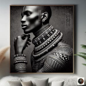 May include: Black and white portrait of a person wearing intricate beaded necklaces and tribal-inspired body art.