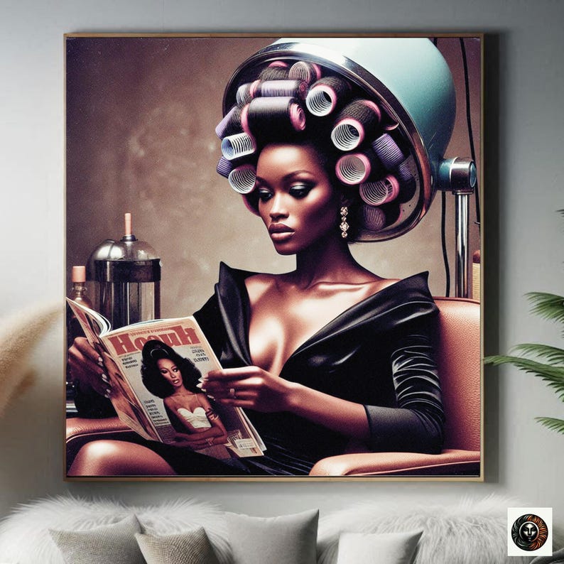 May include: A woman with dark skin sits in a salon chair with a blue hair dryer on her head. She is wearing a black satin dress and reading a magazine called "Health".