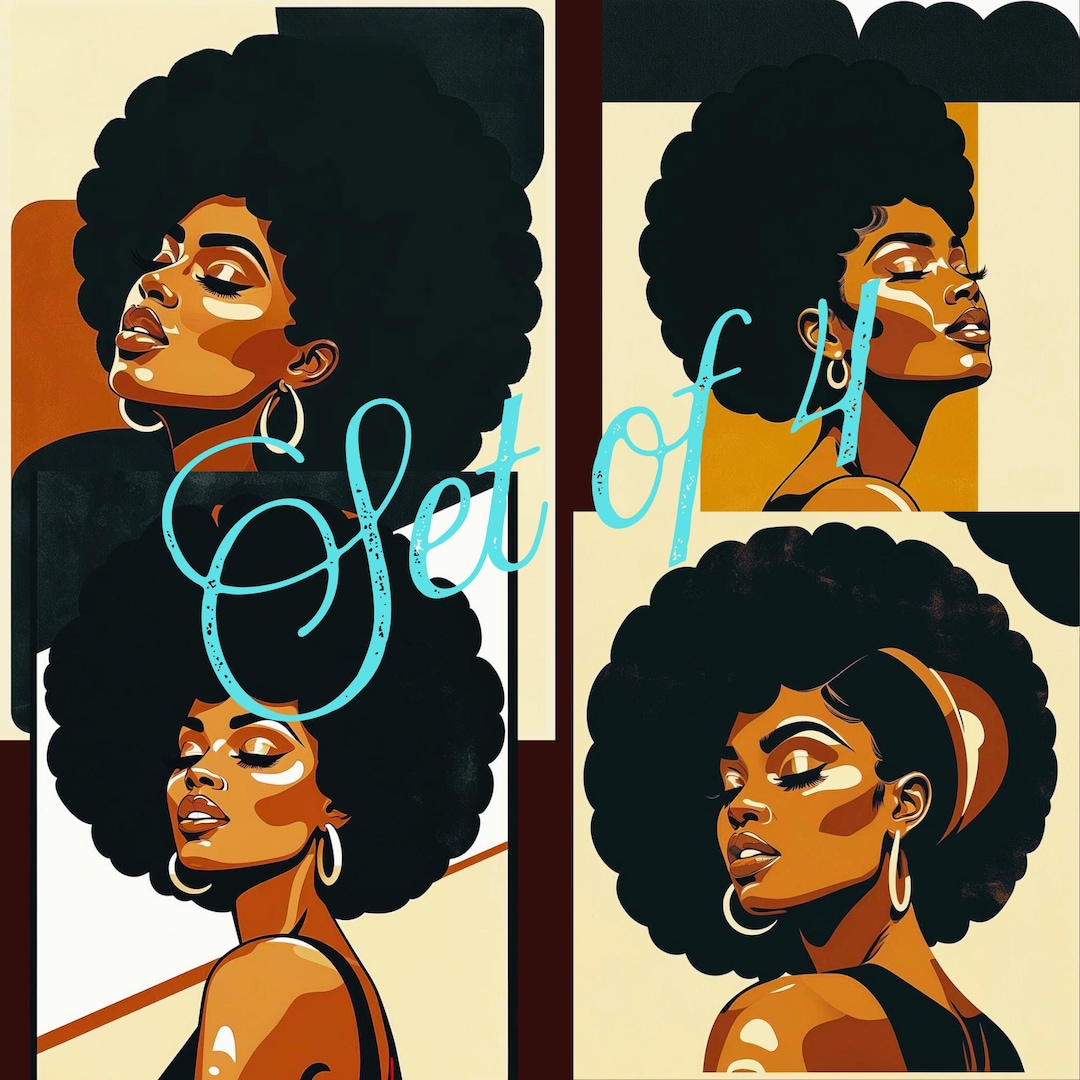 Set of 4 Chic Afro Art Black Woman Profile Art Print Black Art ...